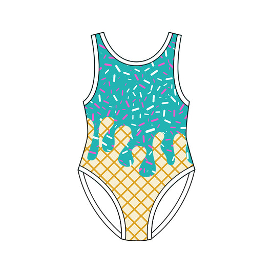4.8 S0773 Preorder Green Sprinkles Drip Print Girls 1 Piece Swimsuits