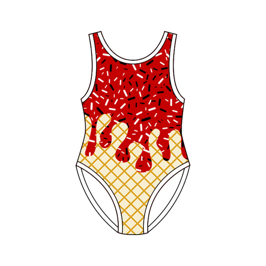 4.8 S0776 Preorder Red Sprinkles Drip Print Girls 1 Piece Swimsuits