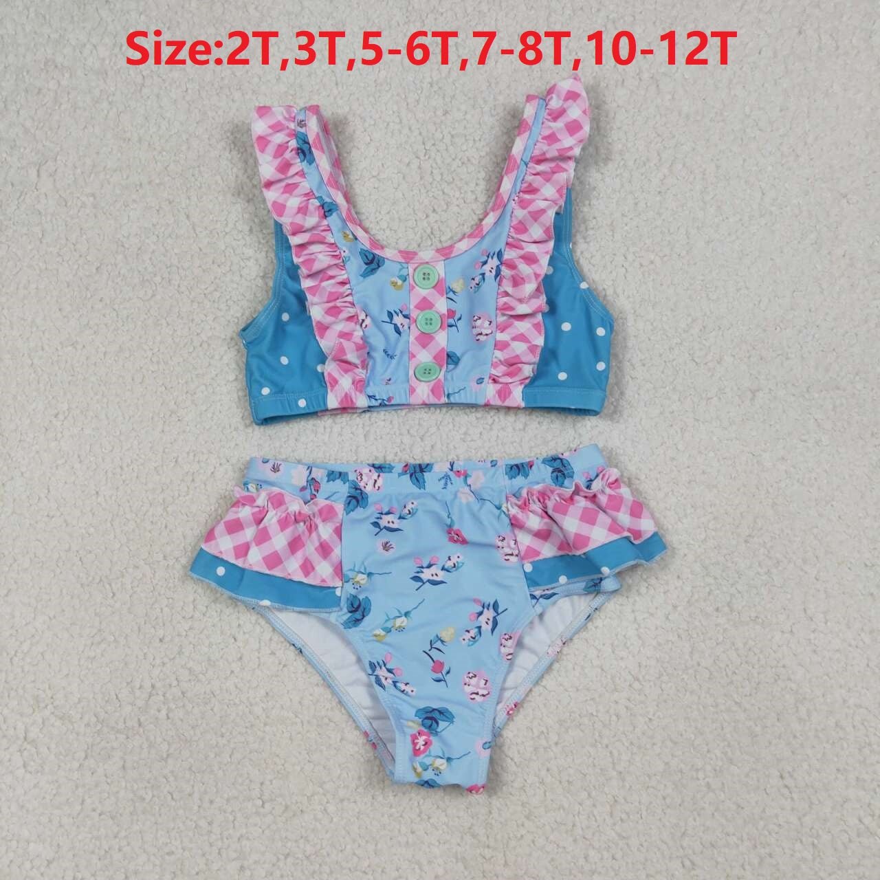 S0777 Baby Girls Summer Flowers Ruffle Top Bummie 2pcs Swimsuits