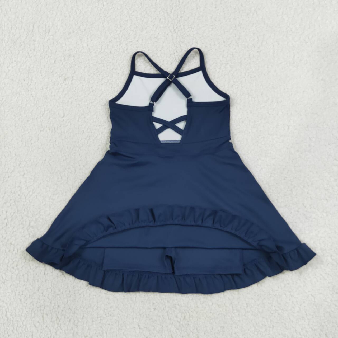 S0779 Navy Girls Summer Strap Shorts Ruffle Knee Length Yoga Dress