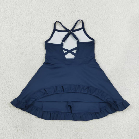 S0779 Navy Girls Summer Strap Shorts Ruffle Knee Length Yoga Dress