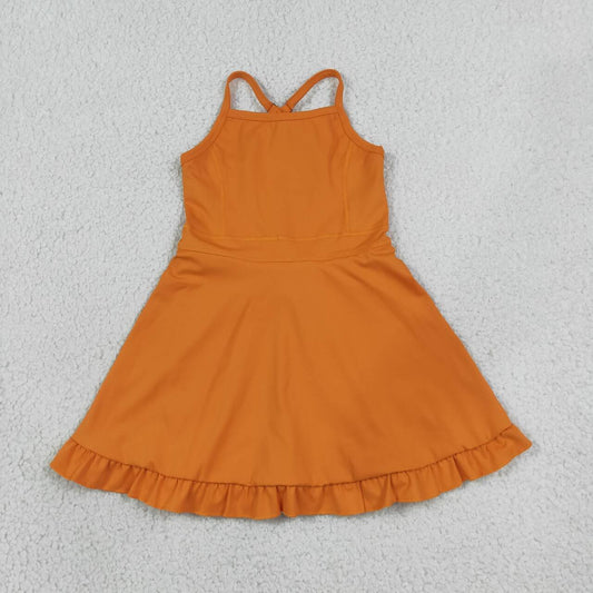 S0780 Orange Girls Summer Strap Shorts Ruffle Knee Length Yoga Dress