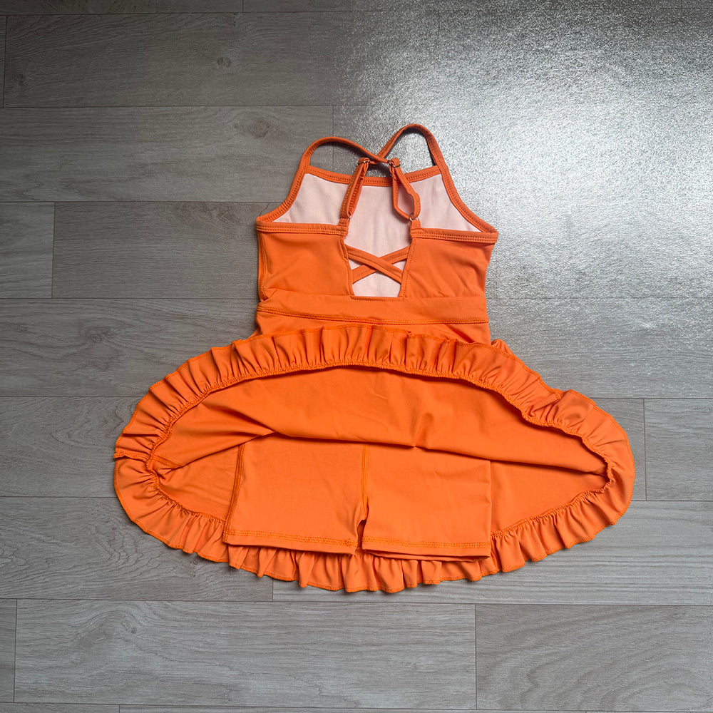 S0780 Orange Girls Summer Strap Shorts Ruffle Knee Length Yoga Dress