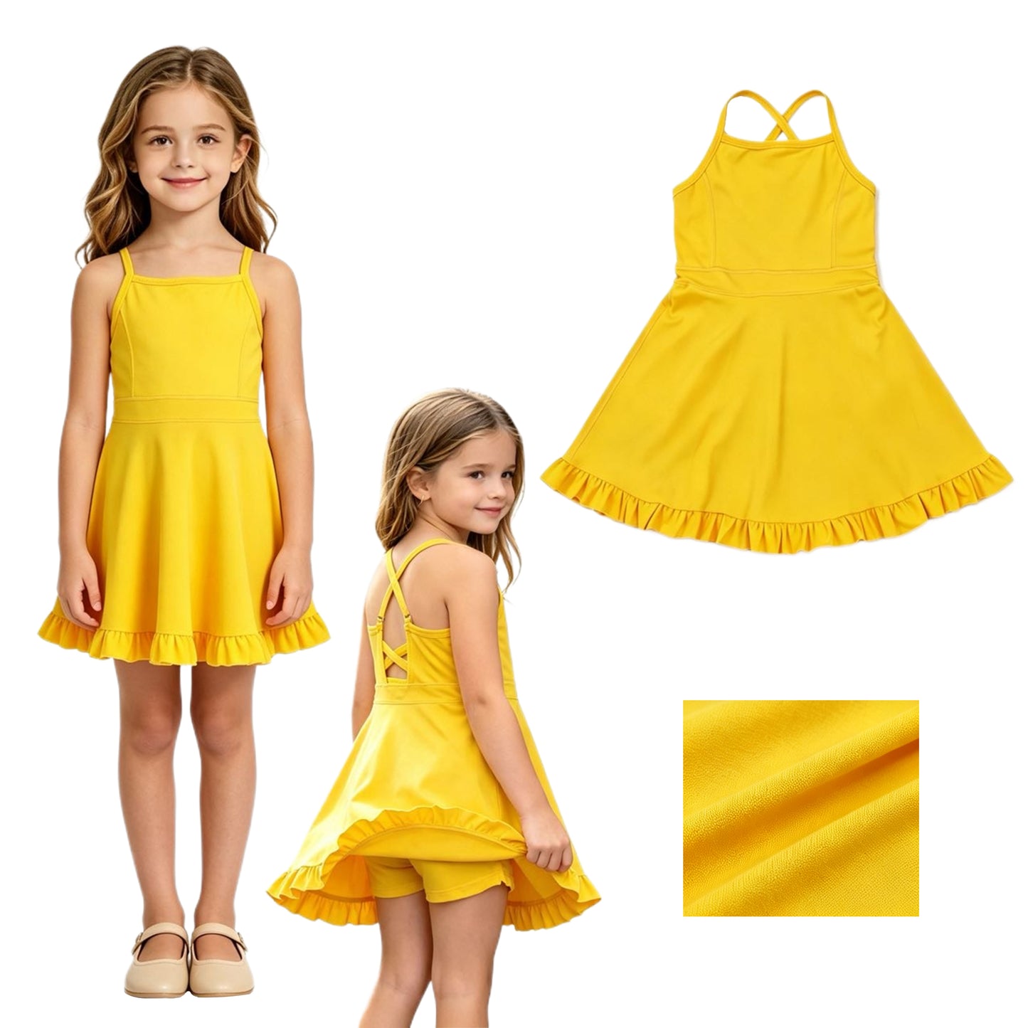 S0781 Yellow Girls Summer Strap Shorts Ruffle Knee Length Yoga Dress