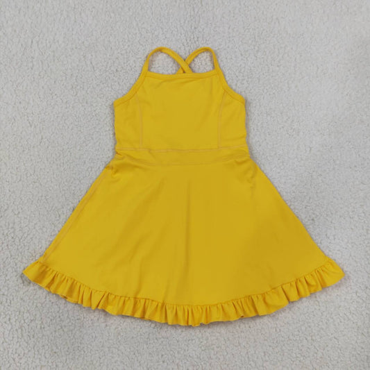 S0781 Yellow Girls Summer Strap Shorts Ruffle Knee Length Yoga Dress