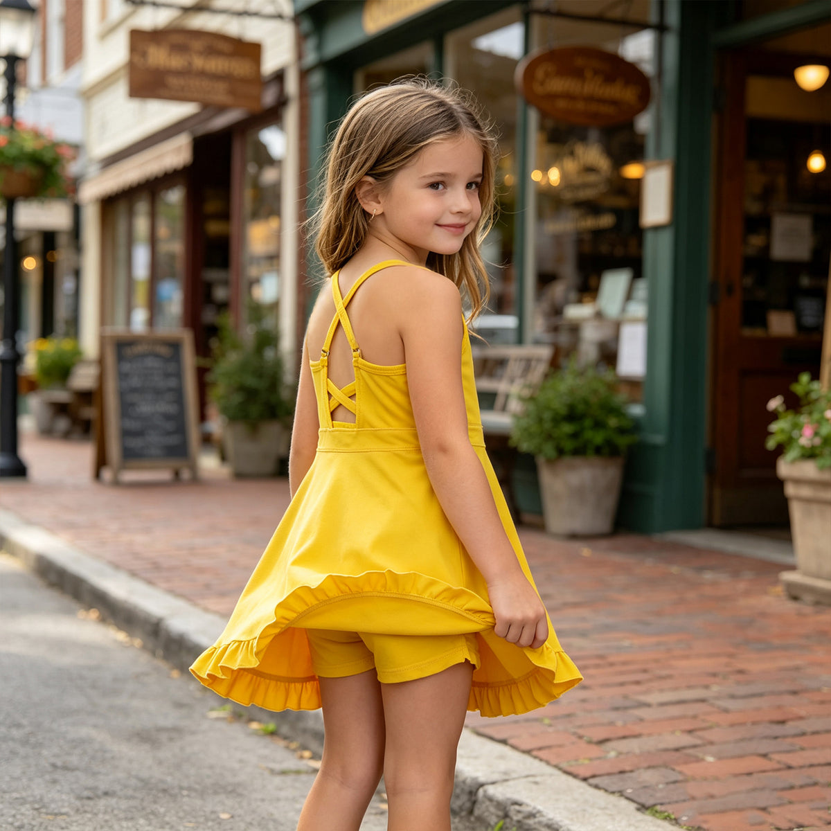 S0781 Yellow Girls Summer Strap Shorts Ruffle Knee Length Yoga Dress