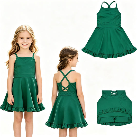 S0782 Green Girls Summer Strap Shorts Ruffle Knee Length Yoga Dress