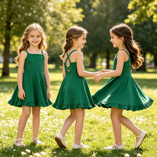 S0782 Green Girls Summer Strap Shorts Ruffle Knee Length Yoga Dress