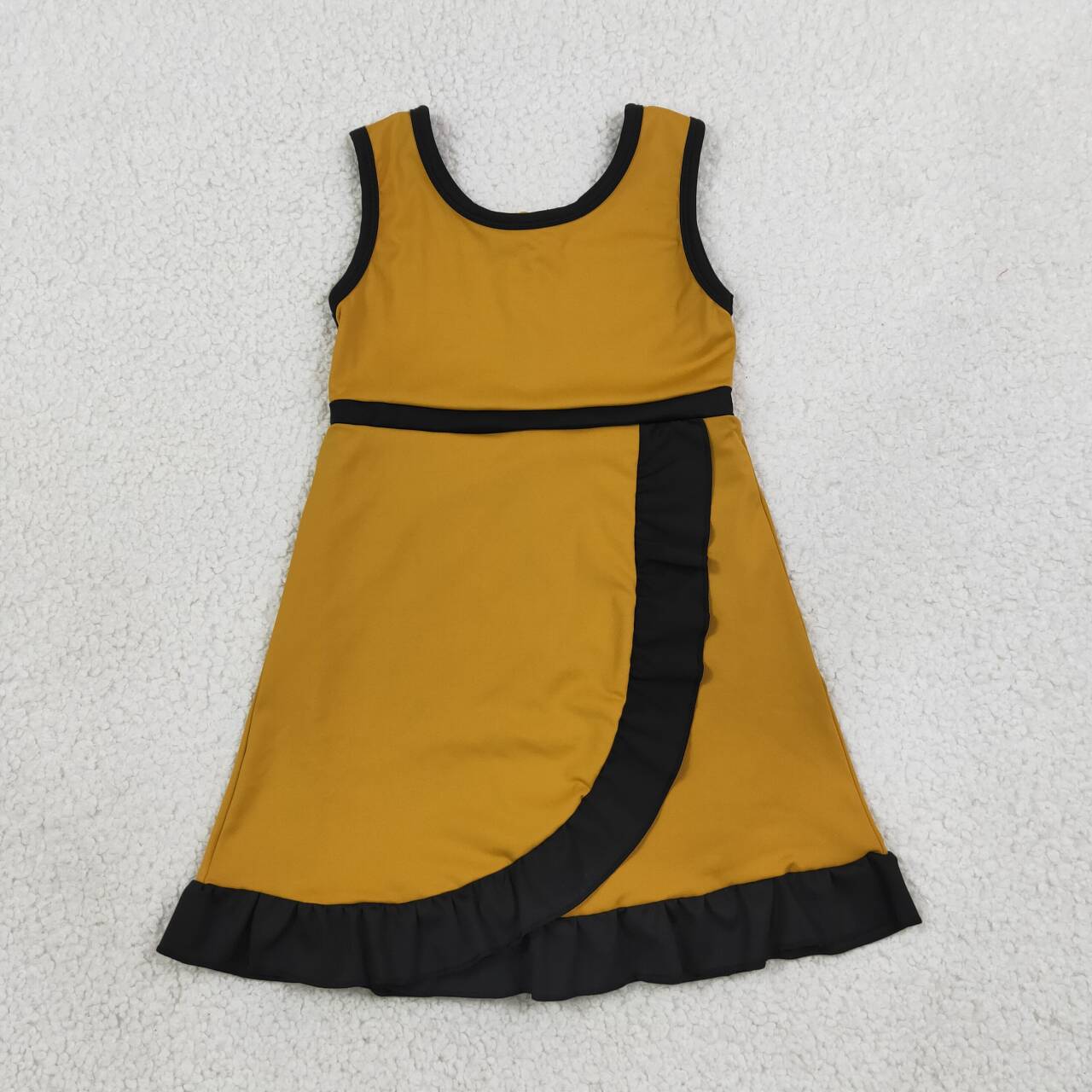 GSD4134 Mustard & Black Girls Sleeveless Ruffle Zipper Yoga Dress