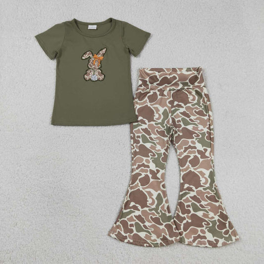 GSPO2110  Bunny Embroidery Green Top Camo Bell Pants Baby Girls Easter Clothes Set