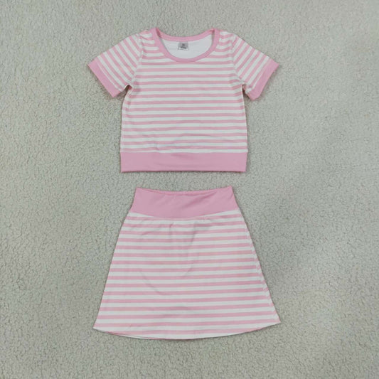 Kids Girtls Pink Stiped Active Outfit Short Sleeve & Skort