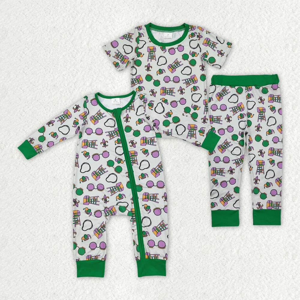 Sibling Baby Boys Mardi Gras Pajama Set Zipper Romper