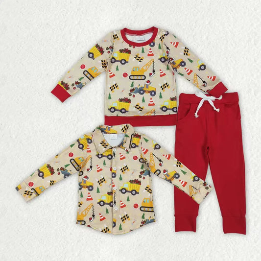 Sibling Baby Boys Christmas Excavators Jogger Outfit Buttons Shirt