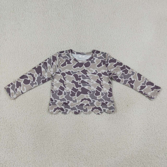 GT1685 Dark Brown Grey Camo Baby Girls Scallop Long Sleeve T-Shirts Top