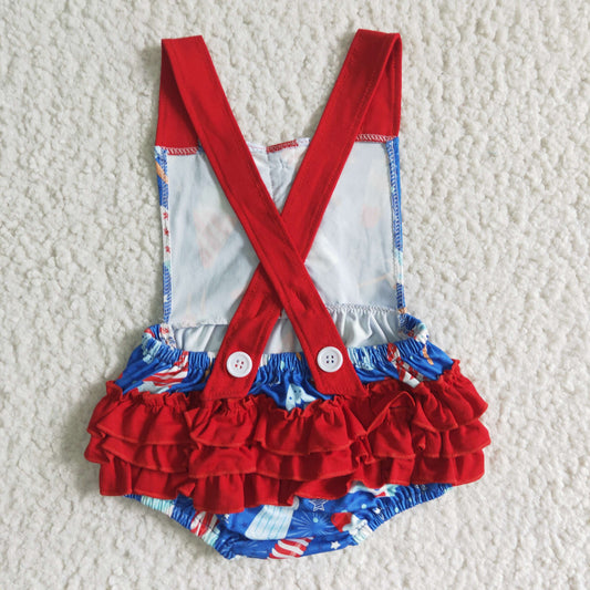 SR0015 Popsicle Stars Print Baby Girls 4th of July Strap Ruffles Romper