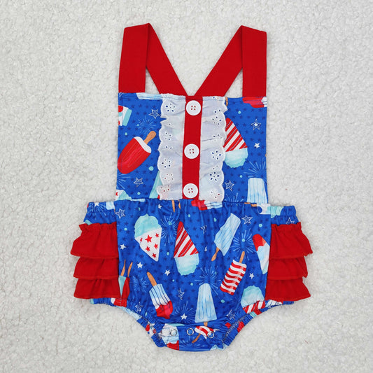 SR0015 Popsicle Stars Baby Girls 4th of July Strap Backless Romper