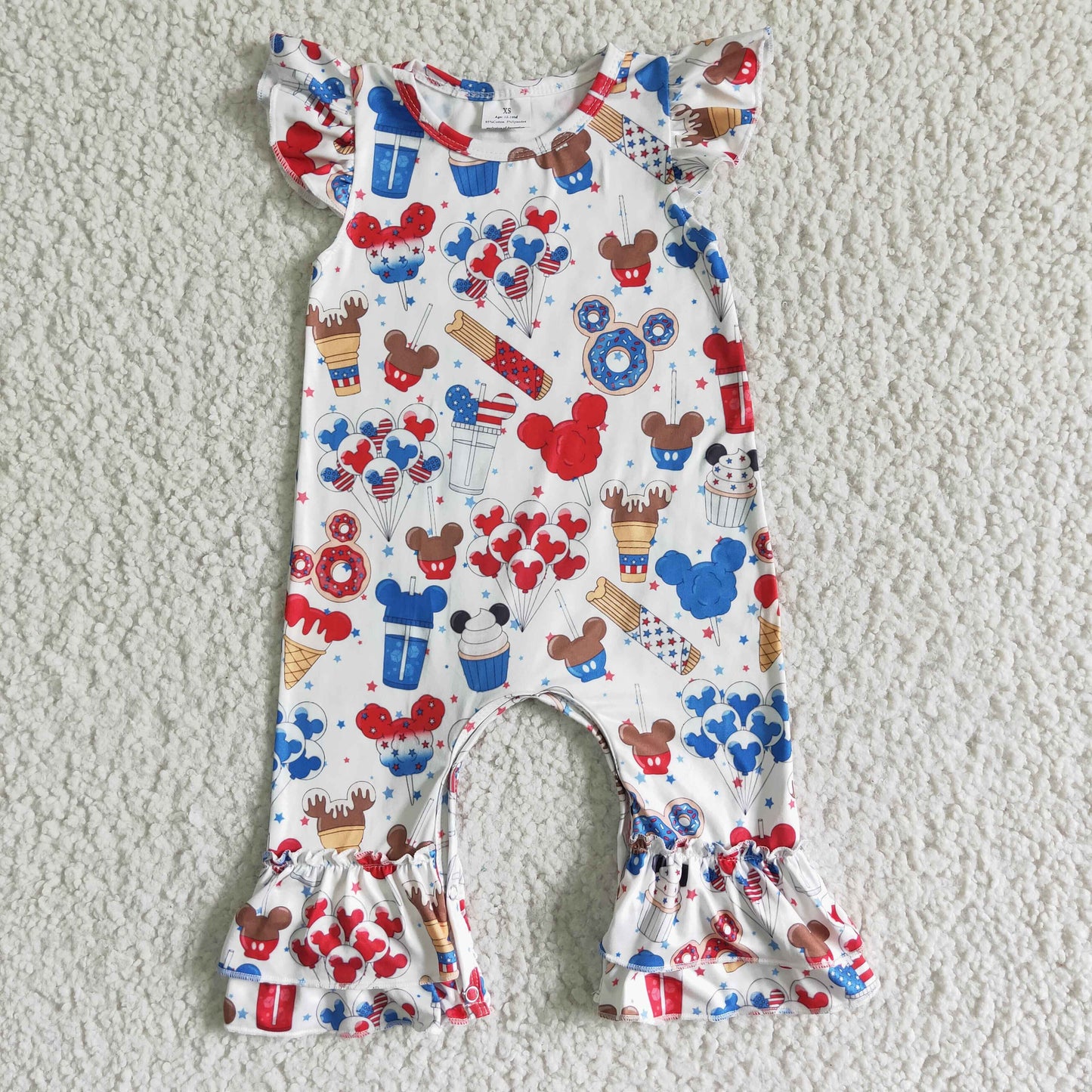 (Promotion) SR0047 Cartoon Mouse Cake Stars Print Baby Girls 4th of July Romper