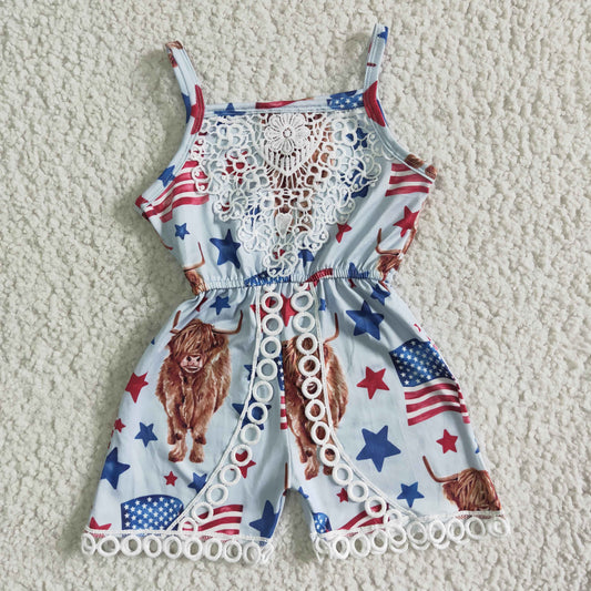 (Promotion)SR0053 Highland Cow Stars Flag Print Baby Girls 4th of July Strap Jumpsuits