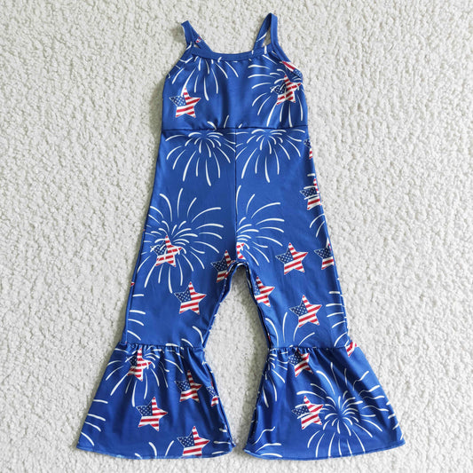 SR0055 Fireworks Stars Print Baby Girls 4th of July Strap Jumpsuits