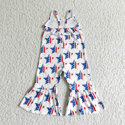 SR0057 Stars White Print Baby Girls 4th of July Strap Jumpsuits
