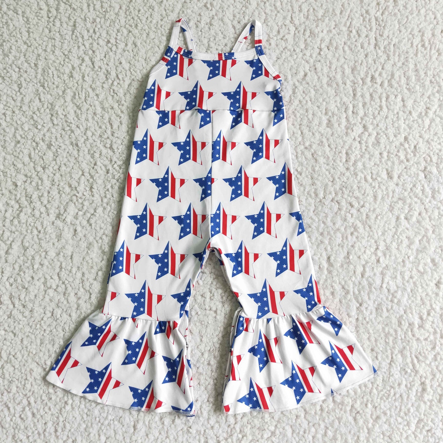 SR0057 Stars White Print Baby Girls 4th of July Strap Jumpsuits