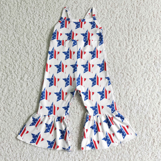 SR0057 Stars White Print Baby Girls 4th of July Strap Jumpsuits