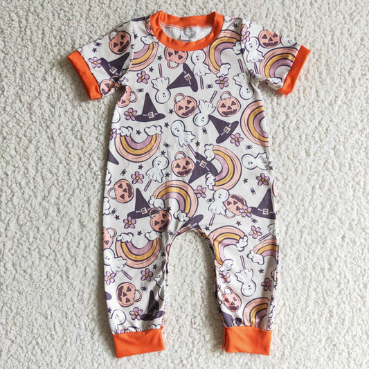 SR0085 Ghost Pumpkin Witch Rainbow Print Baby Girls Halloween Romper