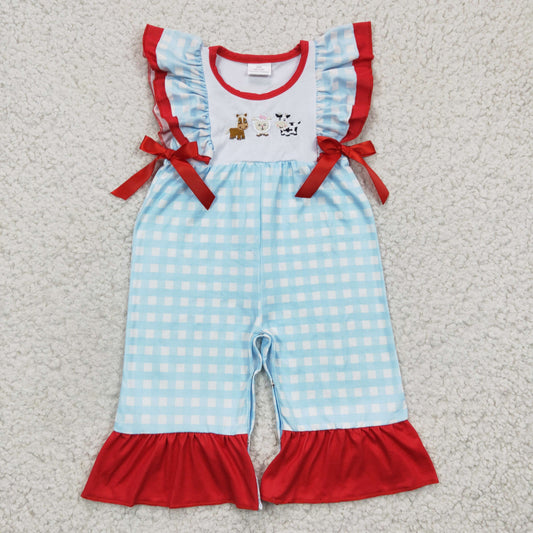 Farm Animals Embroidery blue plaid Baby girls romper      SR0179