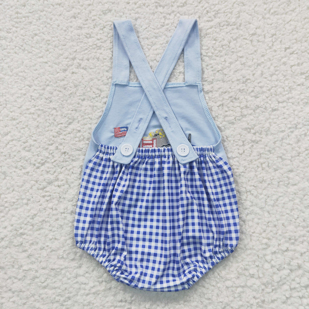 SR0273 Truck Flag Embroidery Baby Boys 4th of July Strap Backless Romper