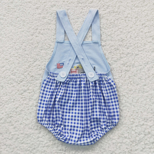 SR0273 Truck Flag Embroidery Baby Boys 4th of July Strap Backless Romper