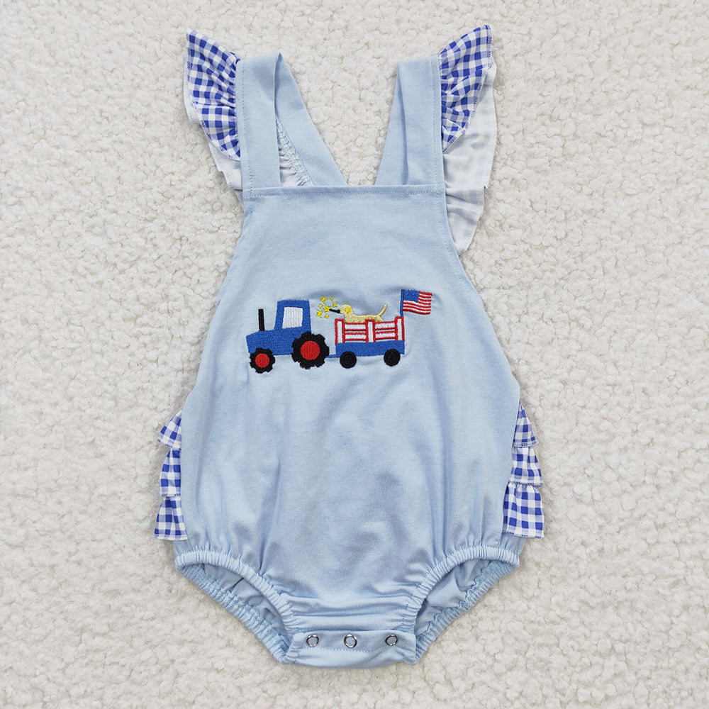 SR0274 Truck Flag Embroidery Baby Girls 4th of July Strap Backless Romper
