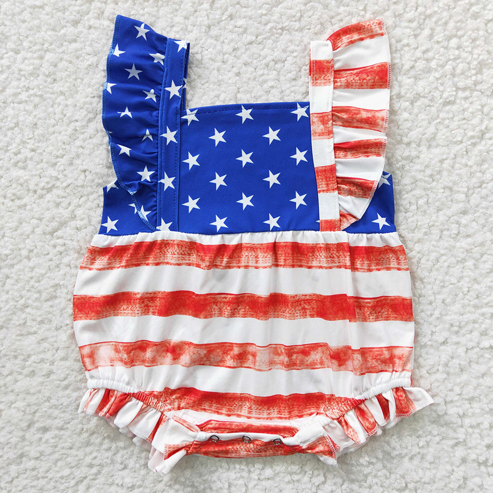 SR0326  Stripes Stars Print Baby Girls 4th of July Romper