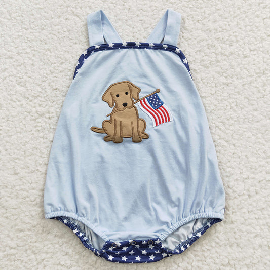 SR0331  Puppy Flag Embroidery Baby Boys 4th of July Strap Backless Romper