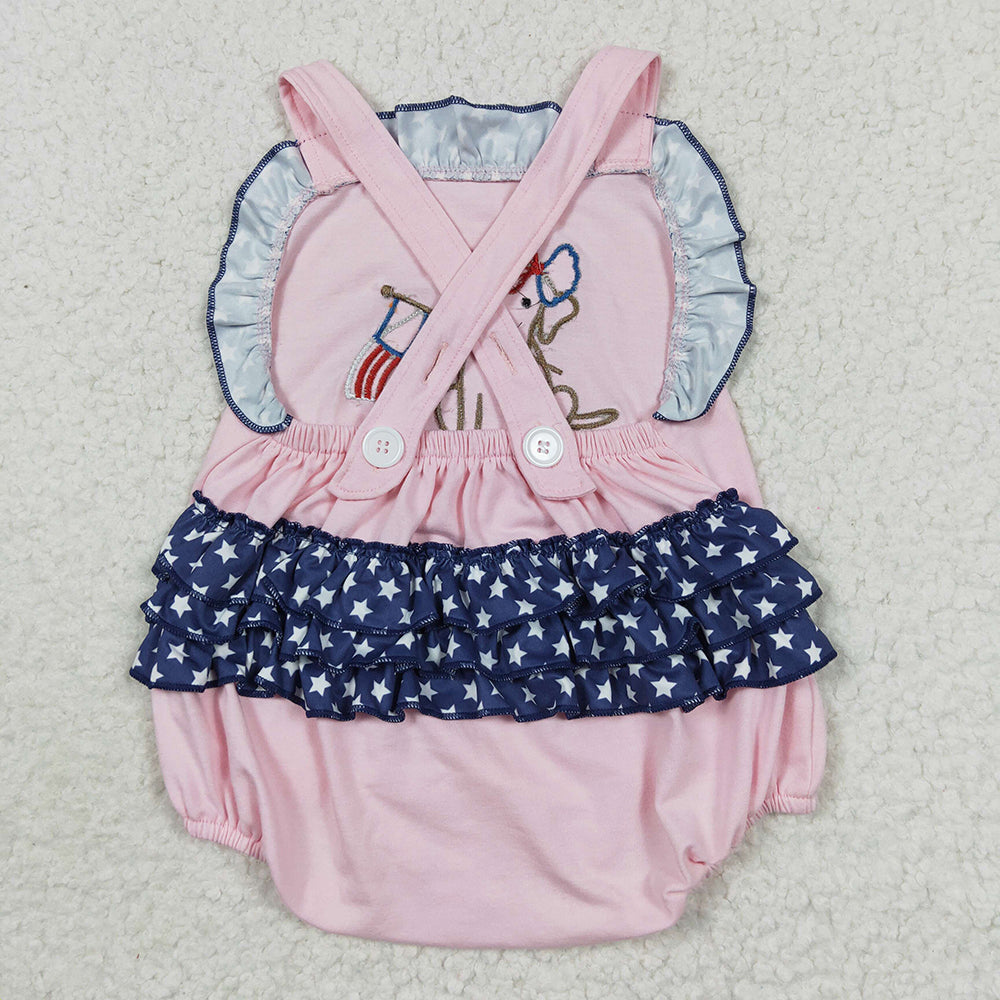SR0332  Puppy Flag Embroidery Baby Girls 4th of July Strap Backless Romper