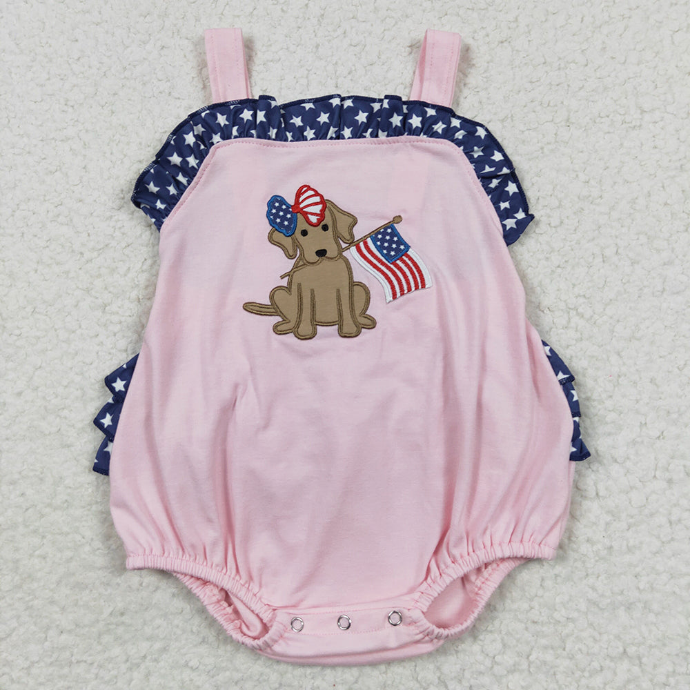 SR0332  Puppy Flag Embroidery Baby Girls 4th of July Strap Backless Romper