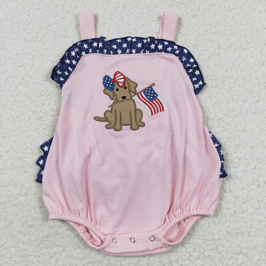 SR0332  Puppy Flag Embroidery Baby Girls 4th of July Strap Backless Romper