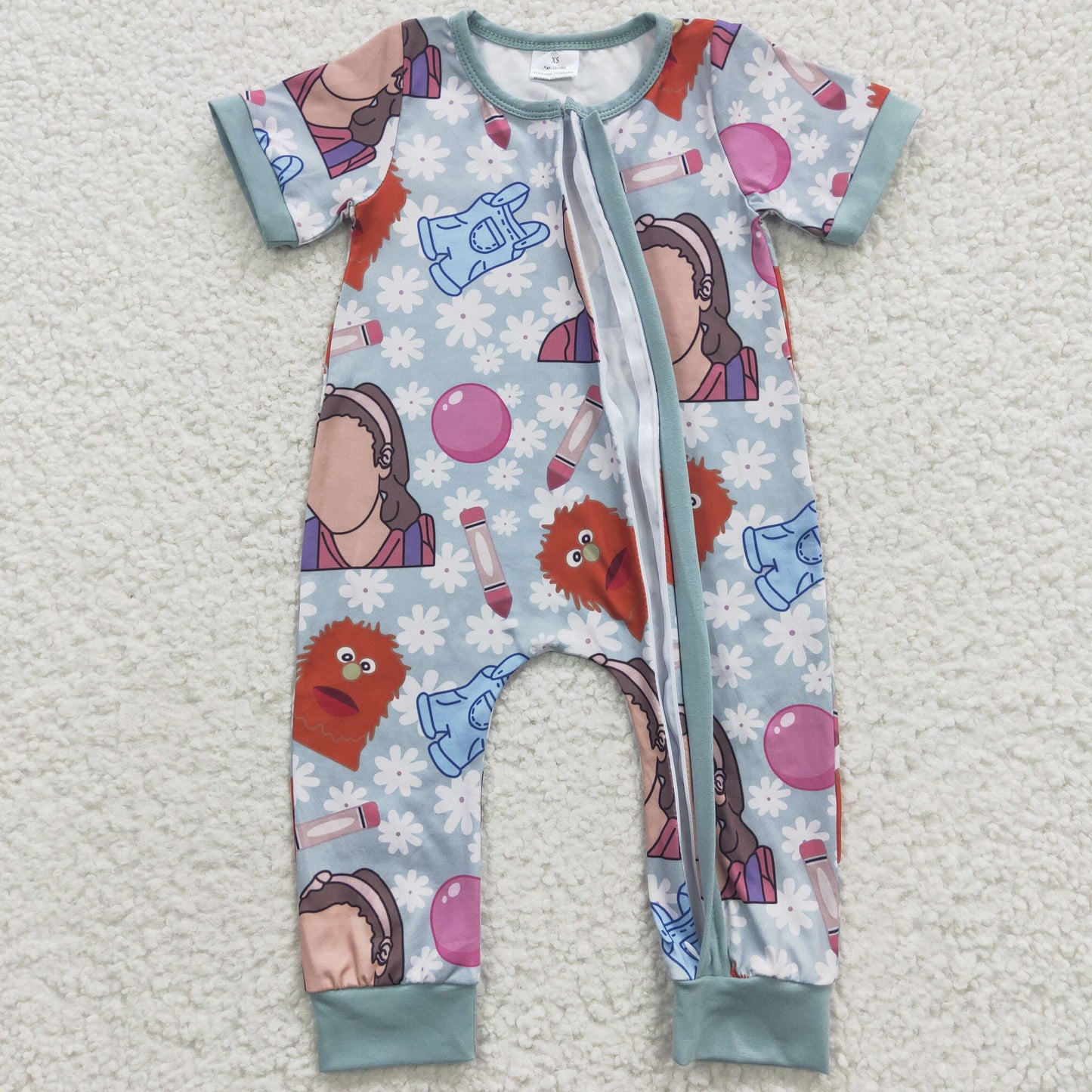 (Promotion)SR0347 Cartoon Teacher Rache* Print Baby Girls Zipper Sleeper Romper