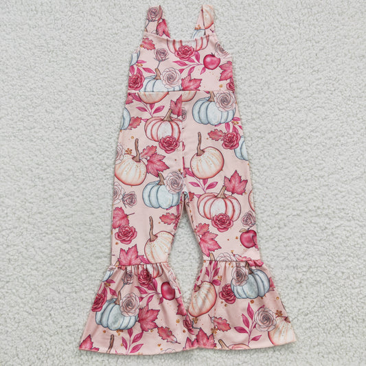 SR0375 Pumpkin Flowers Print Girls Fall Strap Jumpsuits