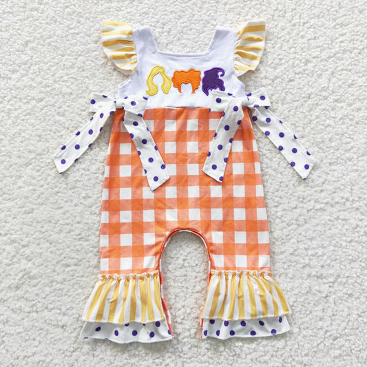 SR0383 Witch Embroidery Orange Checkered Baby Girls Halloween Romper