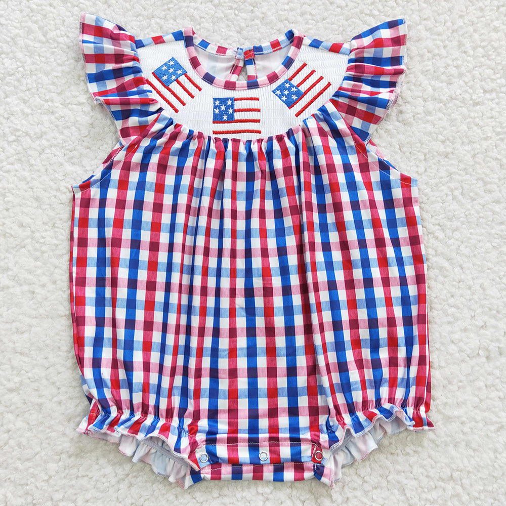 SR0388  Flag Embroidery Plaid Print Baby Girls 4th of July Smocked Romper