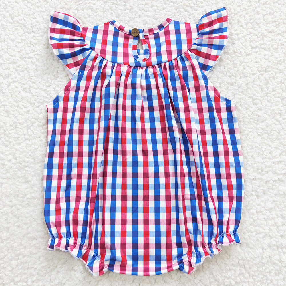 SR0388  Flag Embroidery Plaid Print Baby Girls 4th of July Smocked Romper