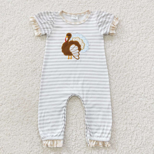 SR0407 Turkey Embroidery Stripes Baby Girls Thanksgiving Romper