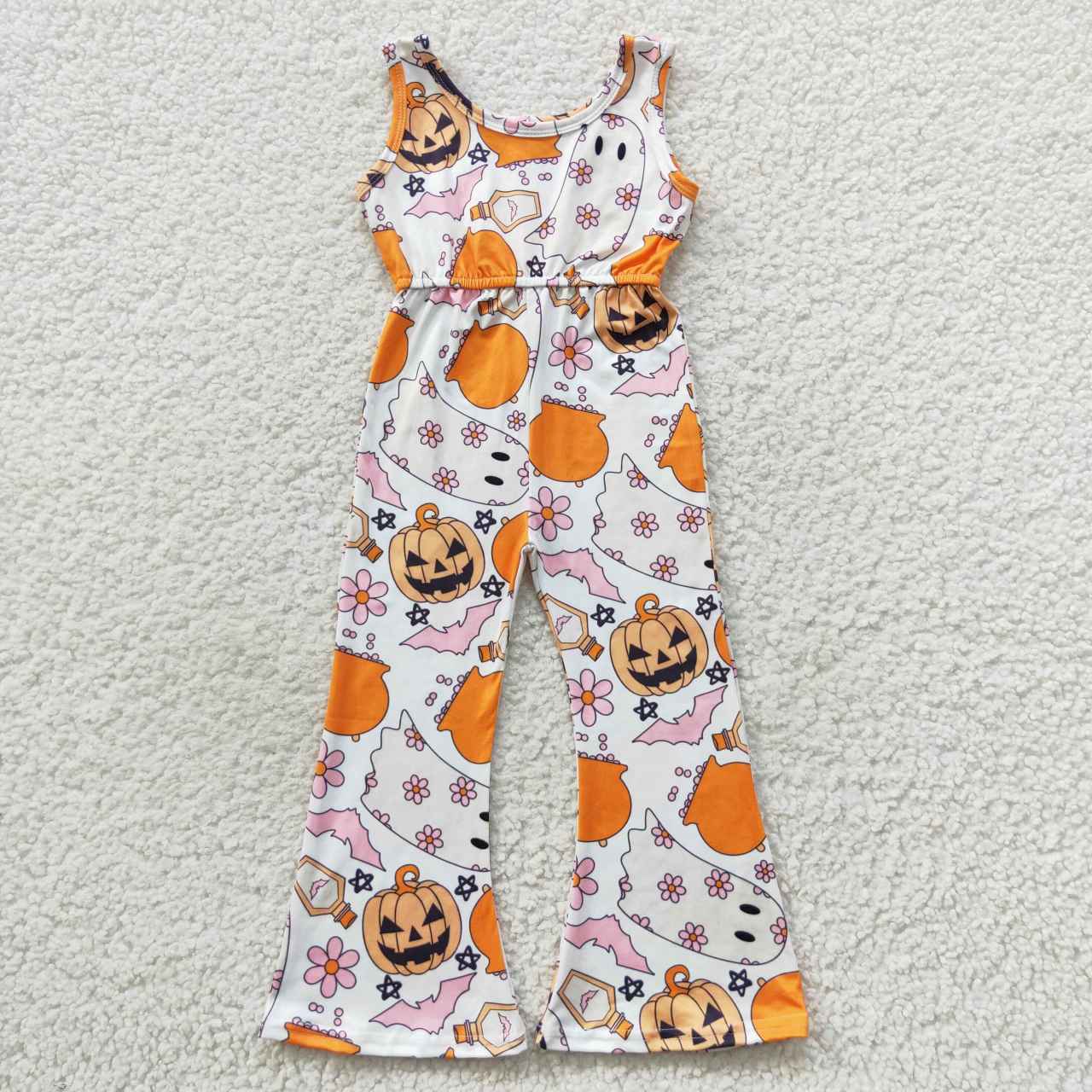 SR0410 Ghost Pumpkin Flowers Print Girls Halloween Jumpsuits
