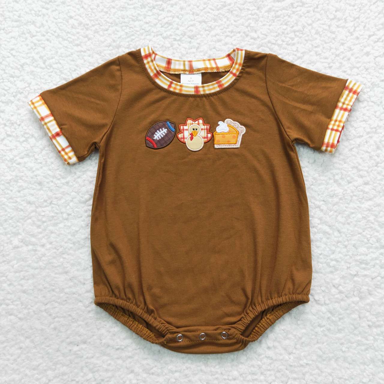 SR0417 Football Turkey Pie Embroidery Brown Baby Thanksgiving Romper