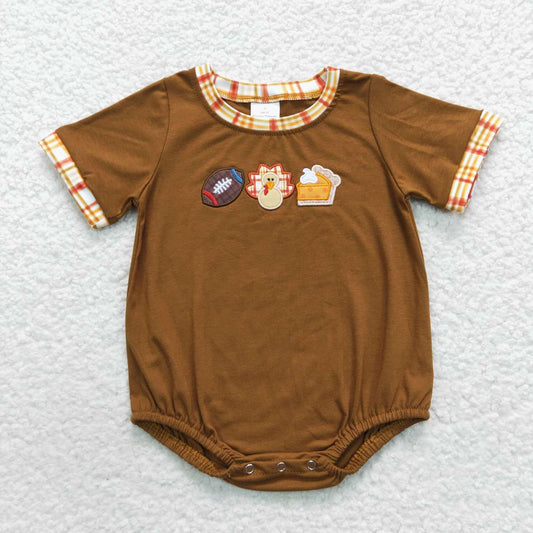 SR0417 Football Turkey Pie Embroidery Brown Baby Thanksgiving Romper