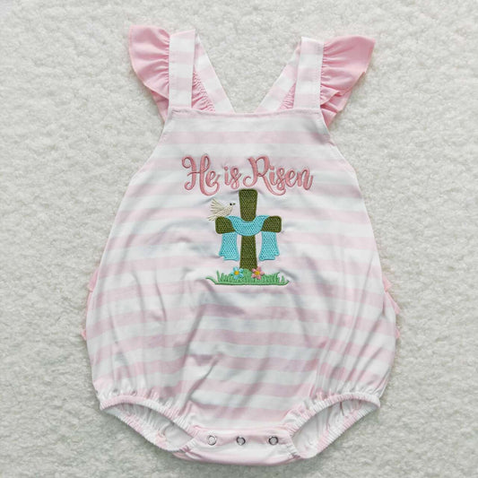 SR0564 He is Risen Cross Embroidery Stripes Print Ruffles Baby Girls Strap Romper