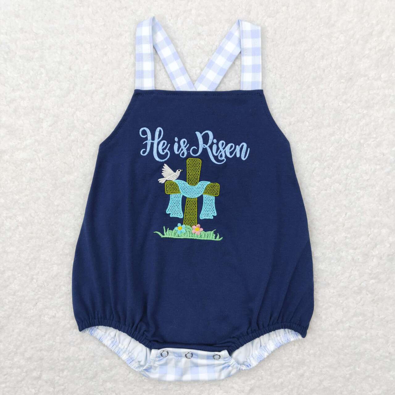 SR0565 He is Risen Cross Embroidery Plaid Print Baby Boys Strap Romper