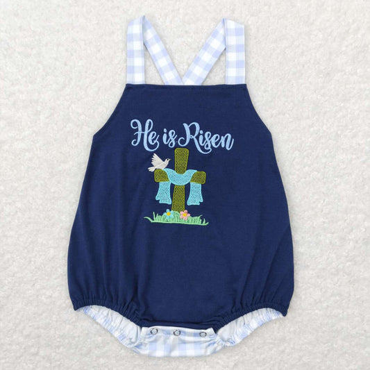 SR0565 He is Risen Cross Embroidery Plaid Print Baby Boys Strap Romper