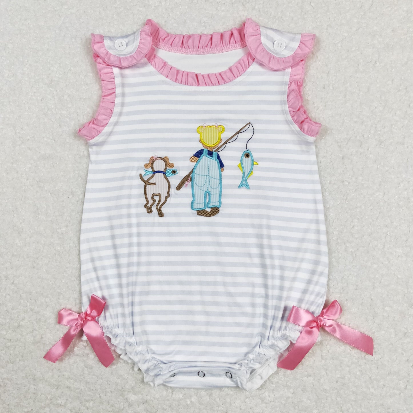 Sibling Baby Kids Embroidery Fishing Stripe Tunic Ruffle Shorts Hunting Clothes Set Rompers