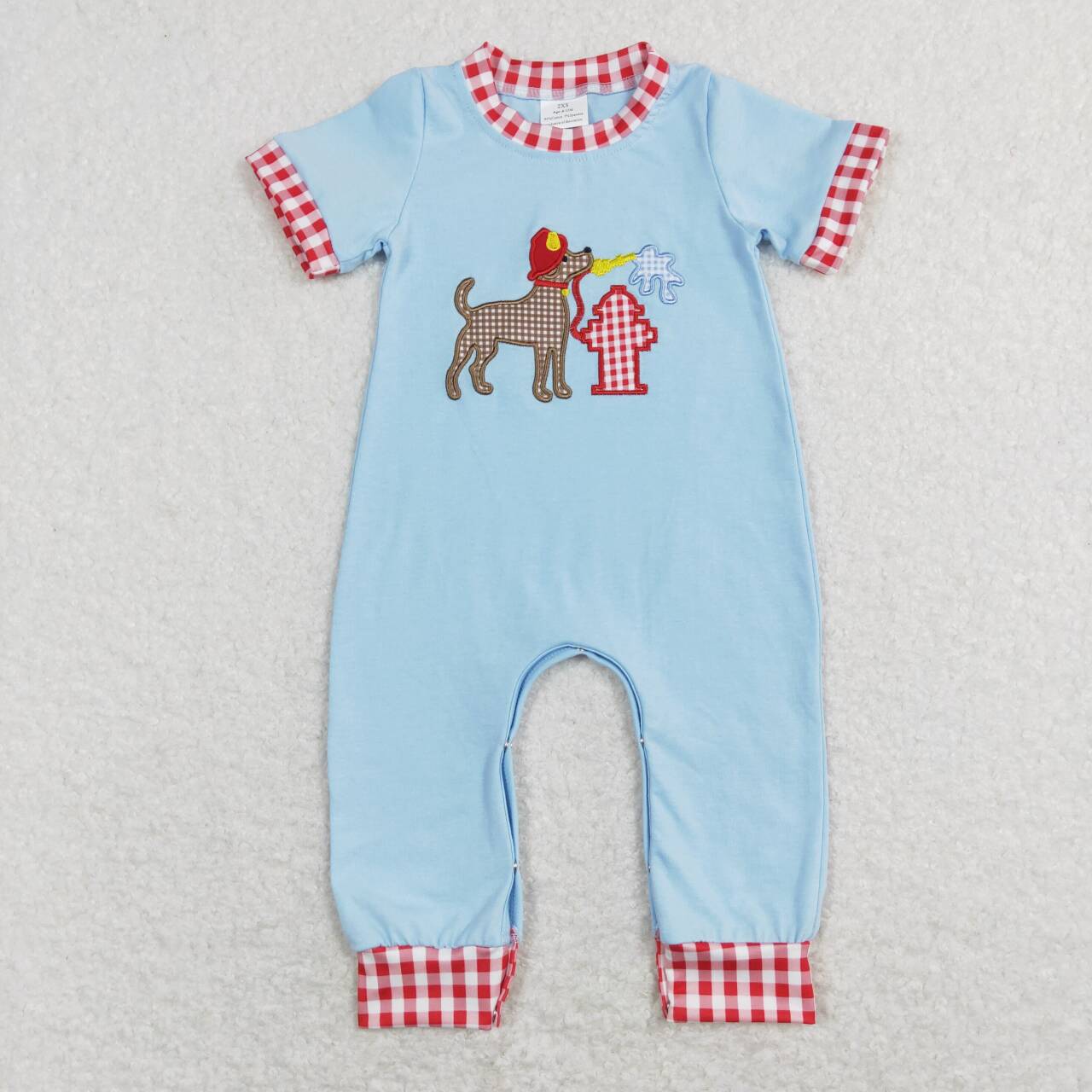 Matching Boys Firefighter Dog Outfit - Sibling Gingham Short Set & Baby Romper